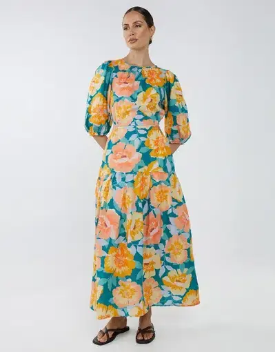 Aere Gathered Linen Maxi Dress in Teal Floral Bouquet Print Size 12