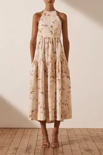 Shona Joy Roxanne Linen Open Back Tiered Midi Dress Print Size 8