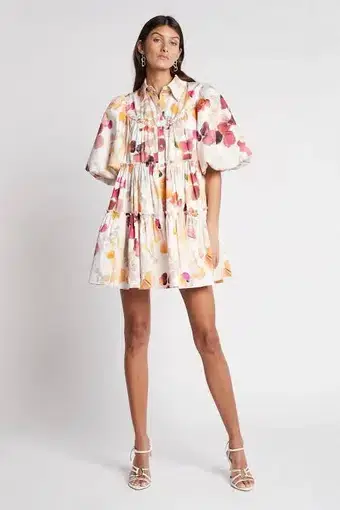 Aje Dassia Puff Sleeve Mini Shirt Smock Dress Wallpaper Floral Print Size 16