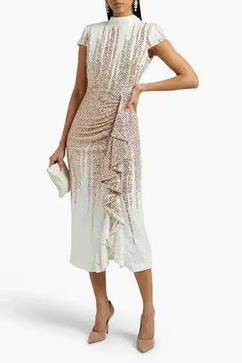 Badgley Mischka Draped Sequin Midi Dress White and Rose Gold Sequins Size 10