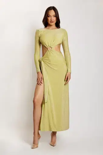 Meshki Christina Backless Maxi Wrap Dress Green Shimmer Size L