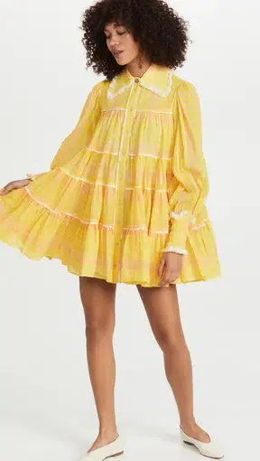 Aje Wilderness Smock Mini Dress Yellow Check Size 8