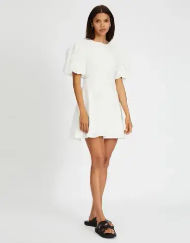 Aere Puff Sleeve Linen Mini Dress White Size 6