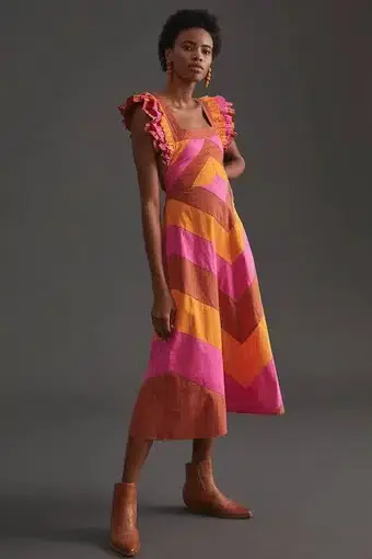 Love the Label Ruffled Colour Blocked Midi Dress Print Size L/AU 12
