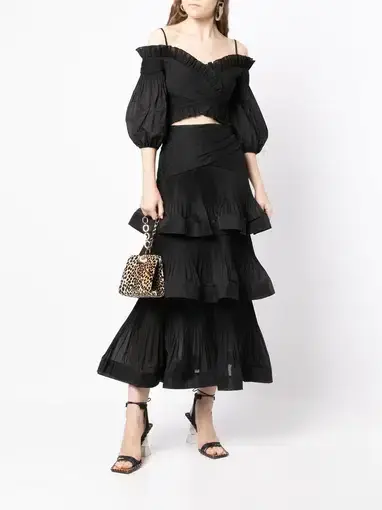 Zimmermann The Pleated Off Shoulder Top and Midi Skirt Set in Black Size 1 / Au 10