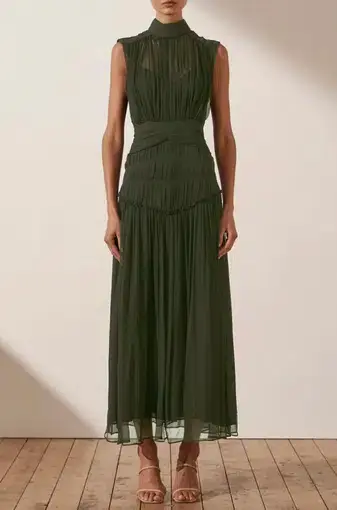 Shona Joy Clemence High Neck Midi Dress Olive Size 12 
