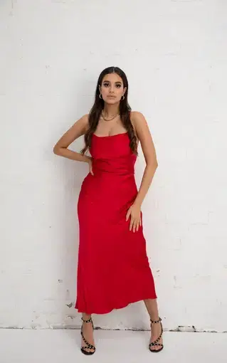 Shona Joy Lace Back Midi Dress in Red Size 10
