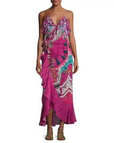 Camilla Embellished Crepe Ruffle Maxi Wrap Dress Desert Discotheque Print Size 8
