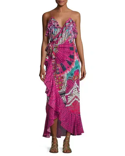 Camilla Embellished Crepe Ruffle Maxi Wrap Dress Desert Discotheque Print Size AU 12