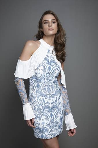 Lorane Valerie Cold Shoulder Lace Dress Blue/White Size 8