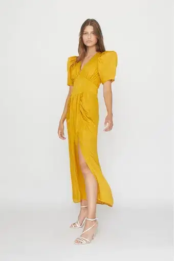 Rotate Birger Christensen Mustard Alma Puff Sleeve Broderie Midi Dress Yellow Size 12