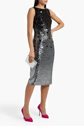 Badgley Mischka Sequined Stretch-Tulle Midi Dress Black and Silver Size 8