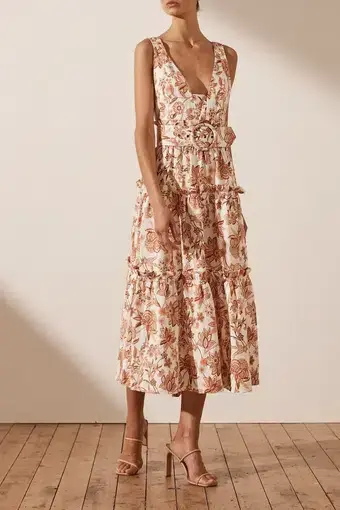 Shona Joy Carolina Linen Tiered Midi Dress Print Size 8