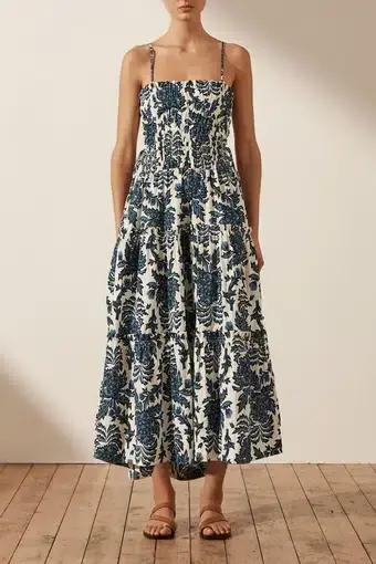 Shona Joy Diana Shirred Tiered Midi Dress Print Size 8