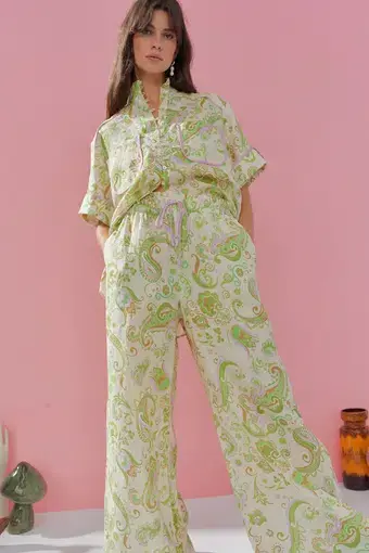 Alemais Marta Linen Shirt and Pants Set Green Print Size 10