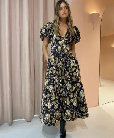Shona Joy Linen Plunged Short Sleeve Midi Dress Palermo Size 14