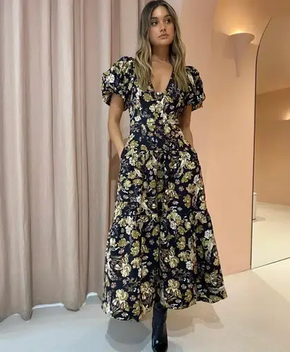 Shona Joy Linen Plunged Short Sleeve Midi Dress Palermo Size 14