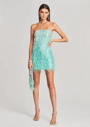 Retrofete Anastasia Sequin Feather Dress Turquoise Size 6