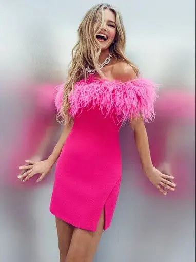 Karren Millen Feather Bardot Crepe Dress Pink Size 10