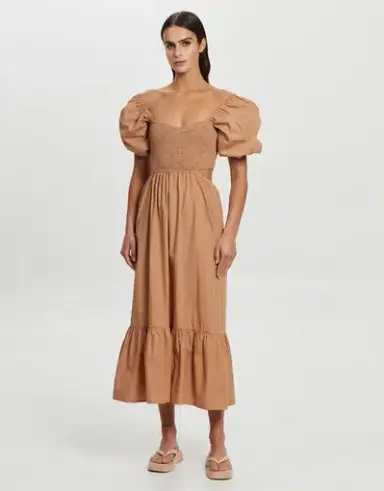 Faithfull Bloom Midi Dress Plain Hazelnut Size 10