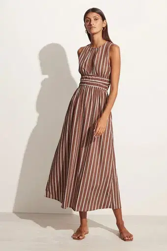 Faithful The Brand Jean Midi Dress Maya Stripe Print Cinnamon Size 10
