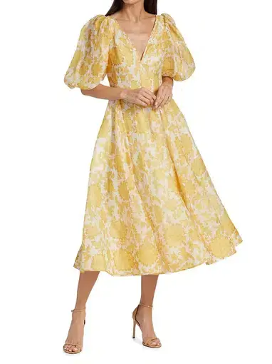 Zimmermann Postcard Puff Sleeve Midi Dress Yellow Tonal Floral Size 0