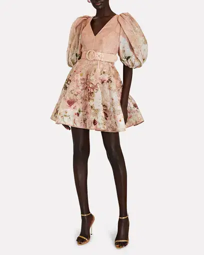 Zimmermann Dancer Puff Sleeve Mini Dress Blush Garden Floral Print Size 1 / Au 10