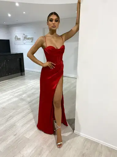 One Honey Couture Zendaya Satin Corset Bustier Leg Split Formal Dress Red Size S
