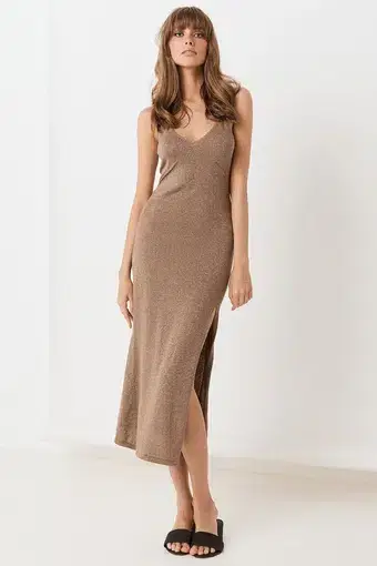 Spell Petra Metallic Knit Slip Dress Honey Walnut Brown Size 8