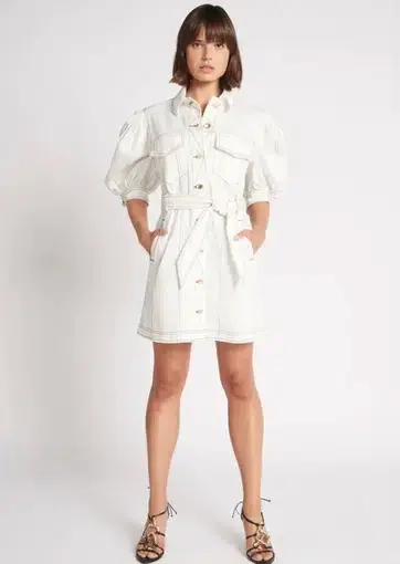 Aje Tori Denim Stitch Mini Dress White Size 6