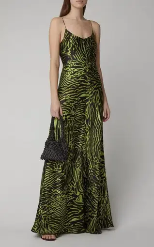 Ganni Silk Stretch Tiger Print Slip Dress Green Size 8