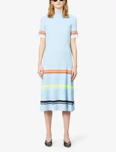 Victoria Beckham Striped Flared Knitted Midi Dress Blue Print Size XS