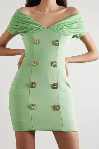 Balmain Off-the-shoulder Ruched Crystal-embellished Crepe Mini Dress Mint Size 8 