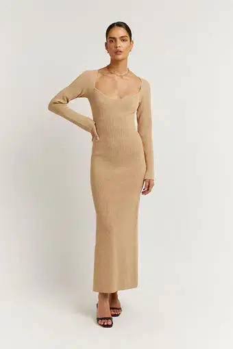 Dissh Stride Warm Wheat Knit Midi Dress Beige Size 8