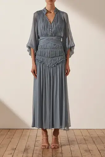 Shona Joy Kayla Button Up Ruched Midi Dress in Blue Smoke Size 8