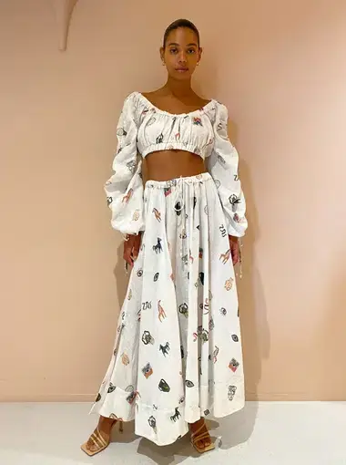 Alemais Hera Drawstring Top and Midi Skirt Set Ivory Size 8