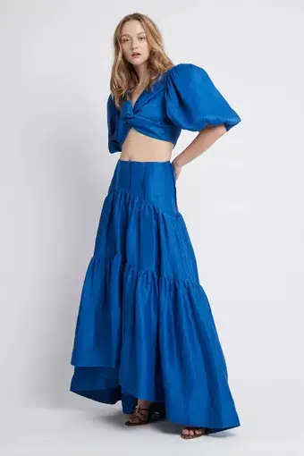 Aje Reverb Puff Sleeve Cropped Top and Gathered Midi Skirt Set Cobalt Blue Size 8