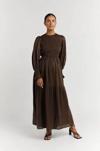 DISSH Jorja Dark Choc Linen Midi Dress Brown Size 14