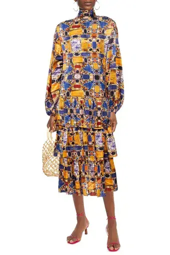 Rhode Cecile Tiered Silk Blend Midi Dress Print Size 12