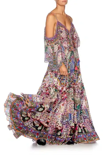Camilla Long Sleeve Drop Shoulder Top Size XS & Tiered Hem Maxi Skirt Size L Set in Kalbelia Queen Pink Print