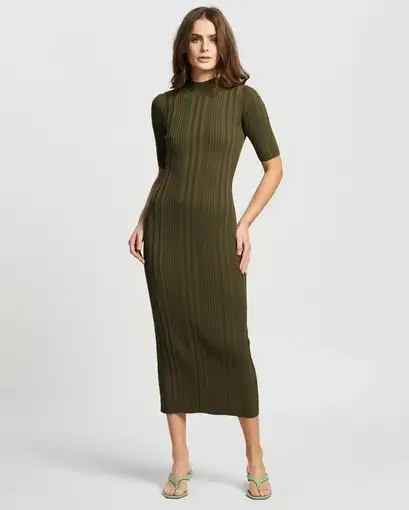 Bec & Bridge Esme Knit Midi Dress Olive Size 12