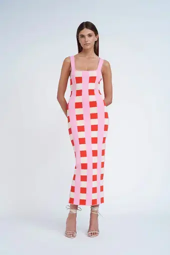 By Johnny Cora Check Knit Midi Dress in Multi Pink White Size 6