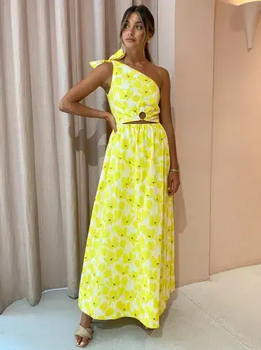 By Nicola Dahlia One Shoulder Ring Maxi Dress In Canary Blossom Size 6