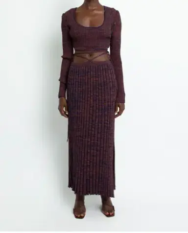 Christopher Esber Deconstruct Long Sleeve Knit Tie Crop and Pleated Knit Tie Skirt Set in Maroon Marle Size XS