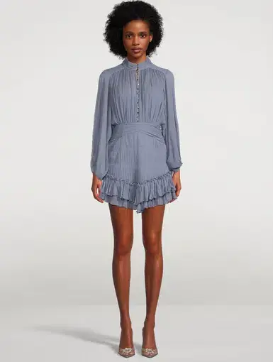 Shona Joy Kayla Button Up Ruched Mini Dress Blue Smoke Size 10 
