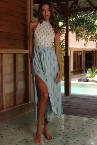 Tigerlily Florence Nina Maxi Dress in Creamy Blue Print Size 10