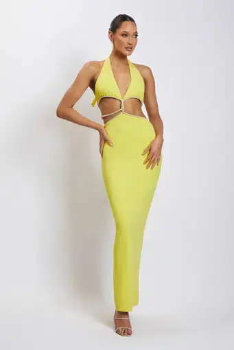 Meshki Nicha Diamante Cut Out Midi Dress Yellow Size 8