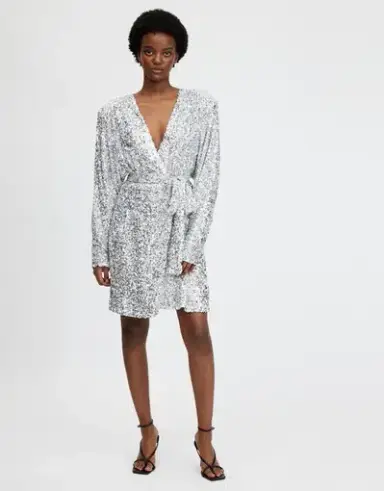 Rotate By Birger Christensen Samantha Mini Wrap Dress Silver Sequin Size 14
