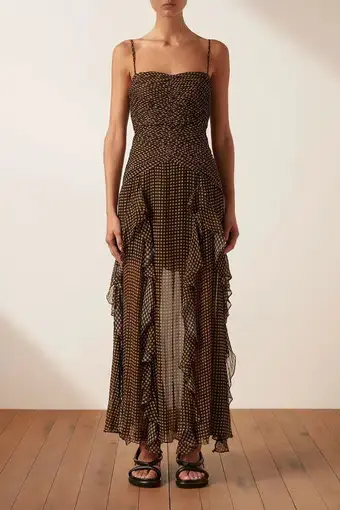 Shona Joy Sofia Ruched Frill Maxi Dress in Black/Sand Print Size L / Au 12