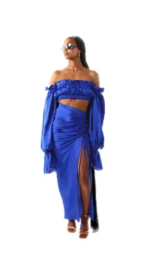 Khirzad Femme Roma Ruched Midi Skirt in Cobalt Blue Size M / Au 10